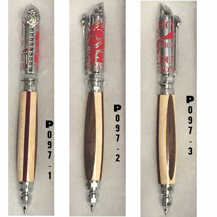 Pen Firefighter "Push and Lock" wood Walnut and Birch red inlay Chrome finish P097
