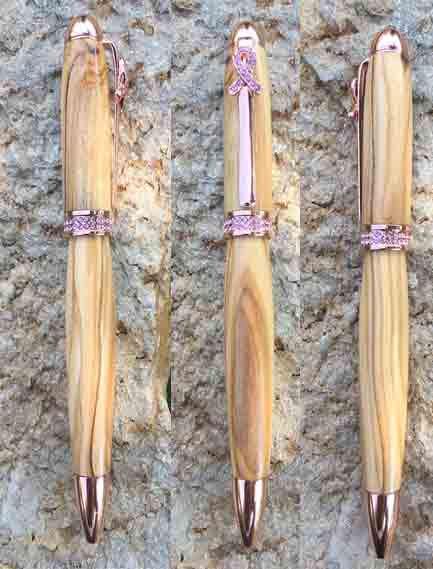 Breast Cancer Awareness Rose Gold with Pink Crystals Twist Pen Olive wood P141