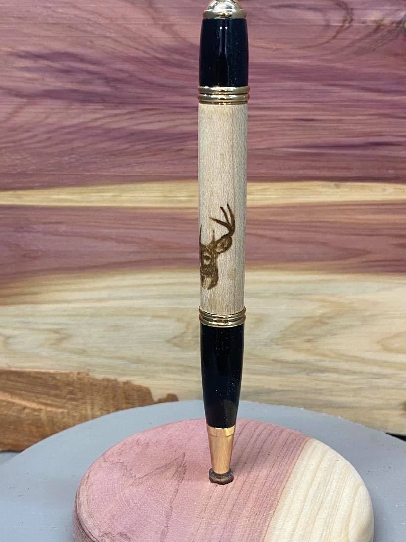 Pen  Birch Wood Laser engraved Deer Head Black and 24Kt Gold Body P156