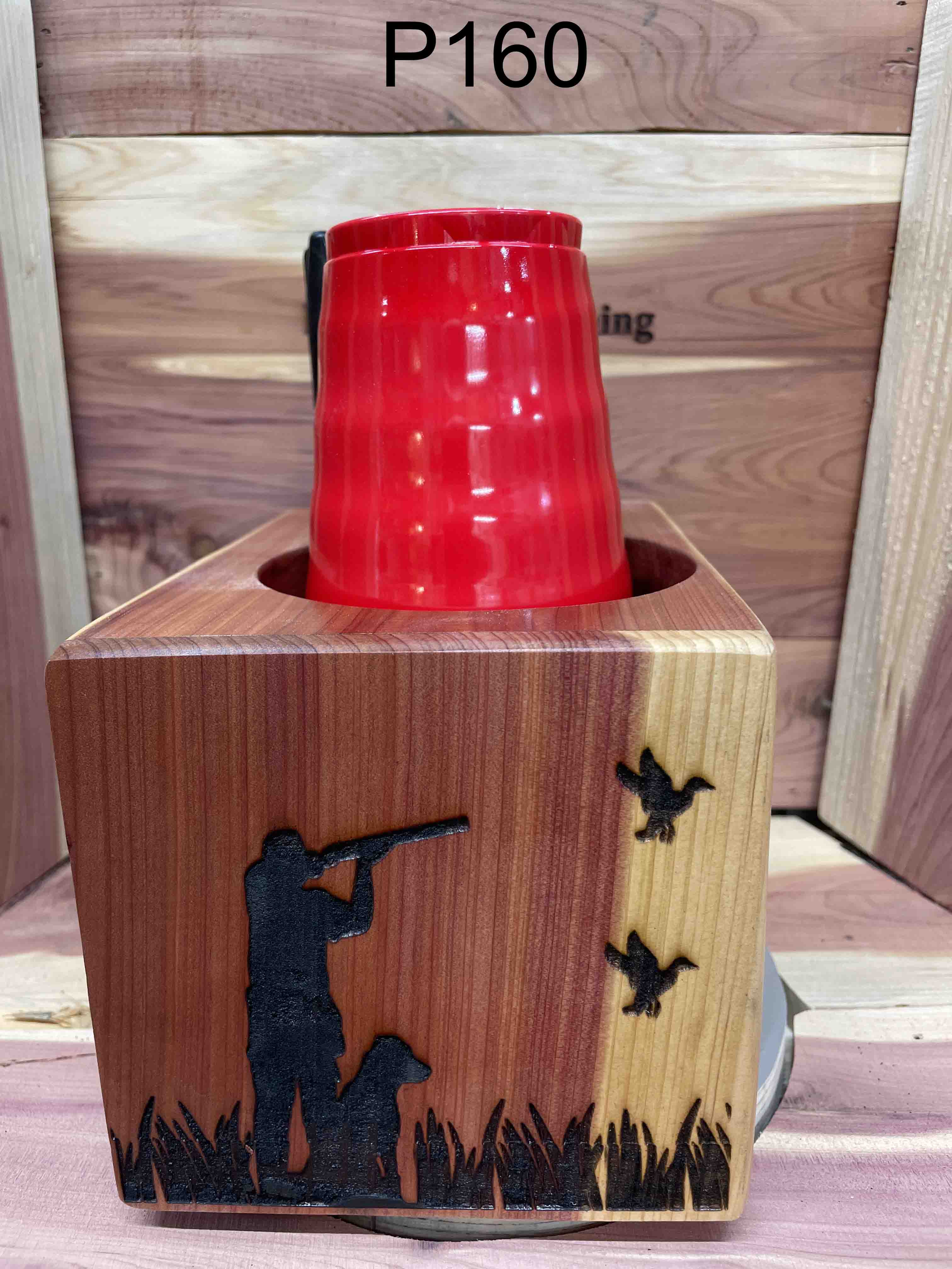 Solo Cup Holder Laser Engraved Red Cedar, "TAKE A CUP & Mark It up" Duck  Pattern"
