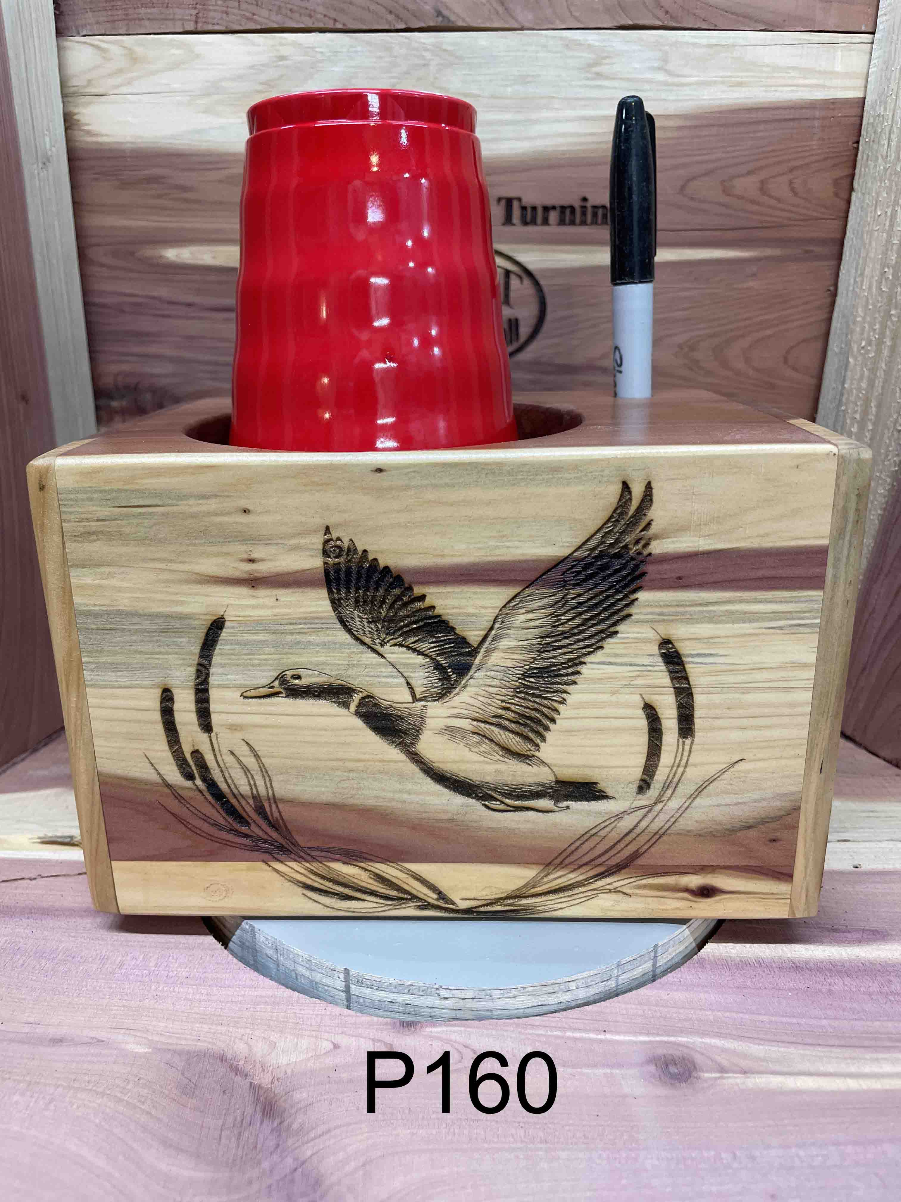 Solo Cup Holder Laser Engraved Red Cedar, "TAKE A CUP & Mark It up" Duck  Pattern"